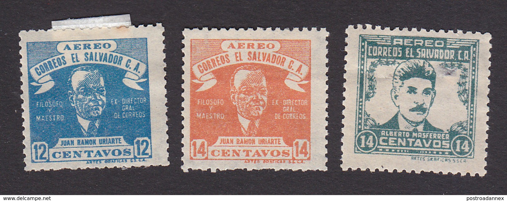 El Salvador, Scott #C97-C98, C103, Mint Hinged, Juan Ramon Uriarte, Alberto Masferrer, Issued 1946 - El Salvador