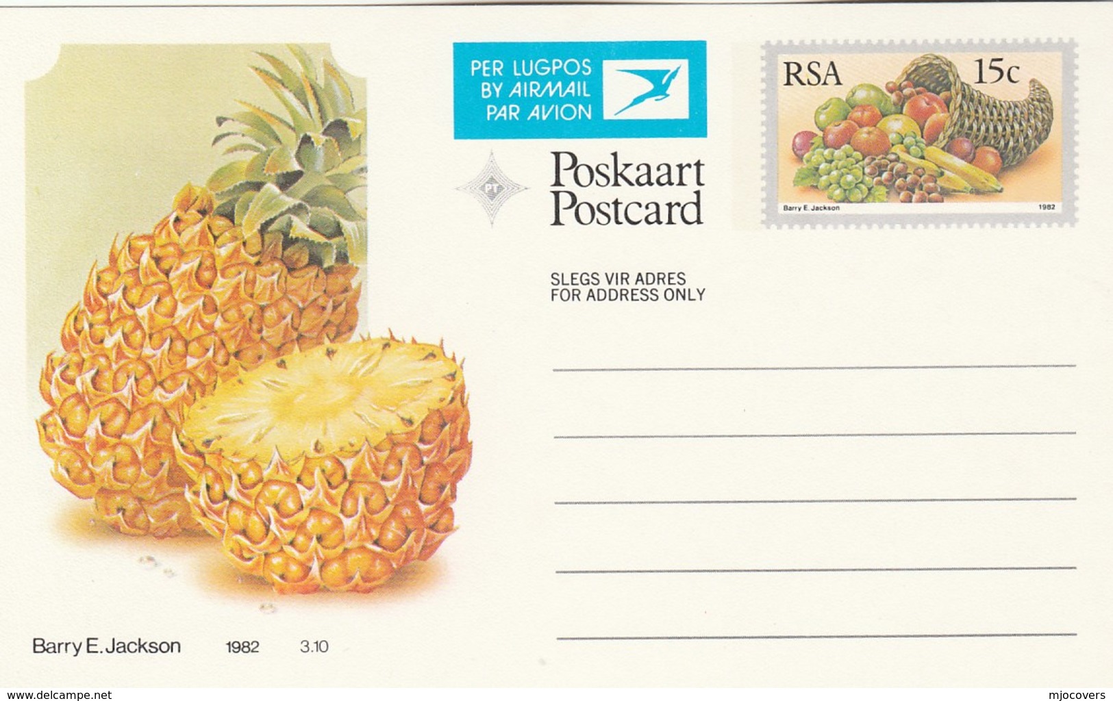 15c SOUTH AFRICA AIRMAIL Postal STATIONERY CARD Illus PINEAPPLE FRUIT Cover Stamps Rsa Grapes  Banana - Fruits