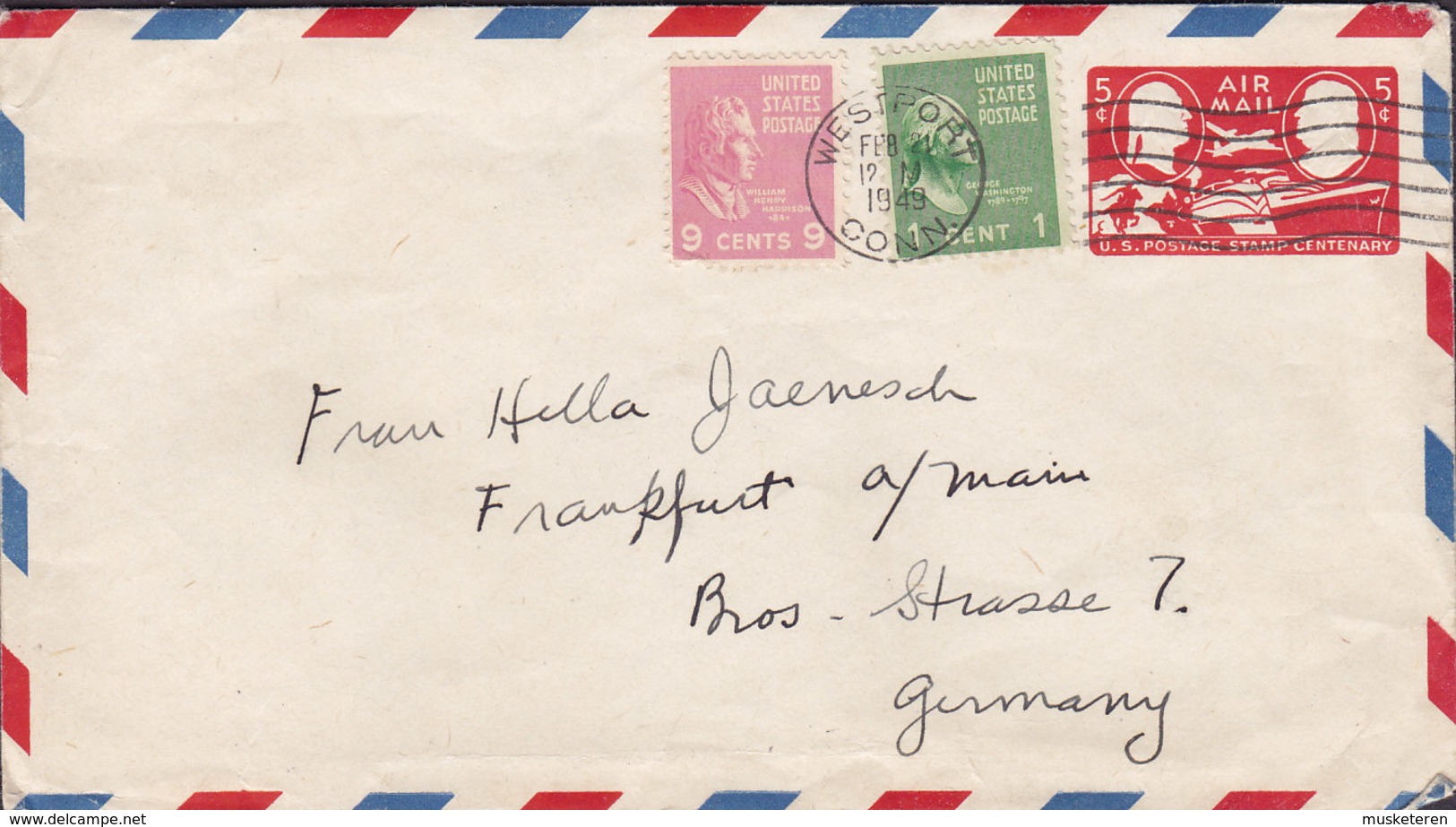 United States Uprated Air Mail Stamp Centenary WESTPORT Conn. 1949 Cover Brief FRANKFURT A. MAIN Germany - 1941-60