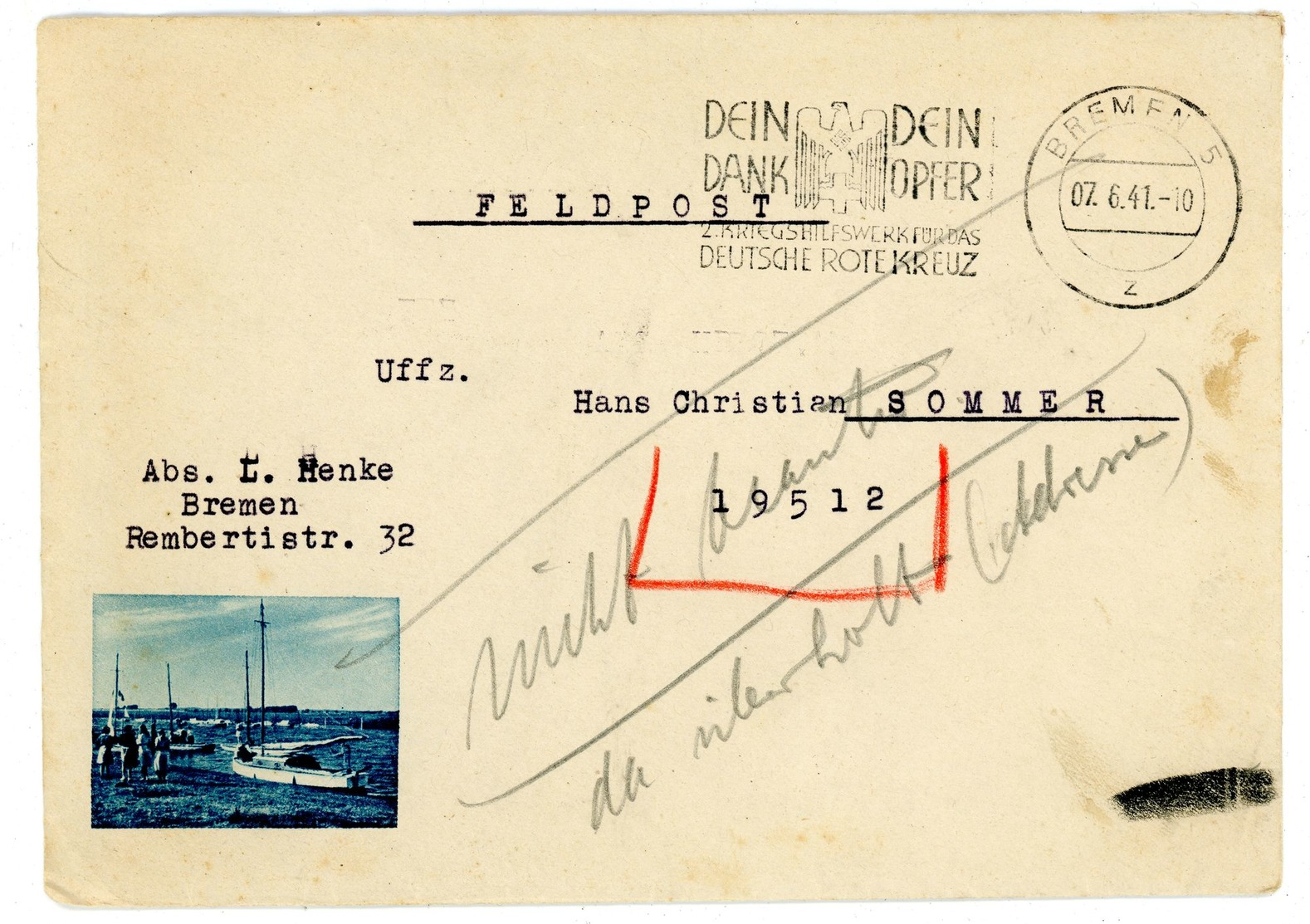 1941 Feldpostbrief Aus Bremen An Den Uffz. H. C. Sommer "19512" Inhalt - Besetzungen 1938-45