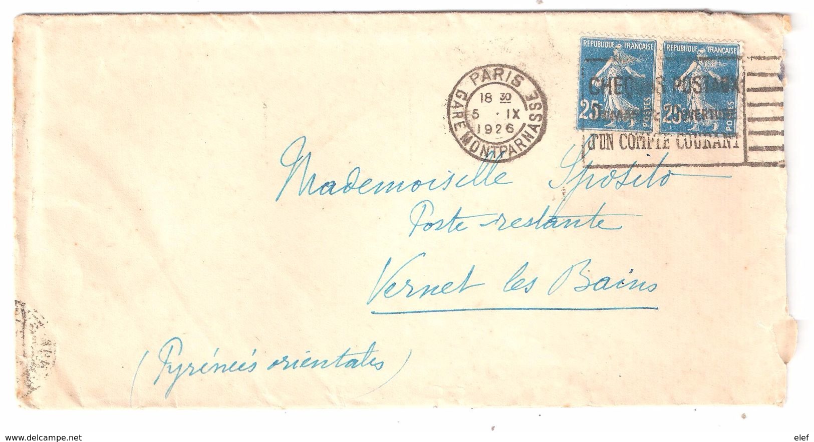 Lettre Flamme Paris Gare Montparnasse CHEQUES POSTAUX Sur PAIRE Semeuse 140, 25 C > Poste Restante Vernet Les Bains,1926 - Oblitérations Mécaniques (flammes)