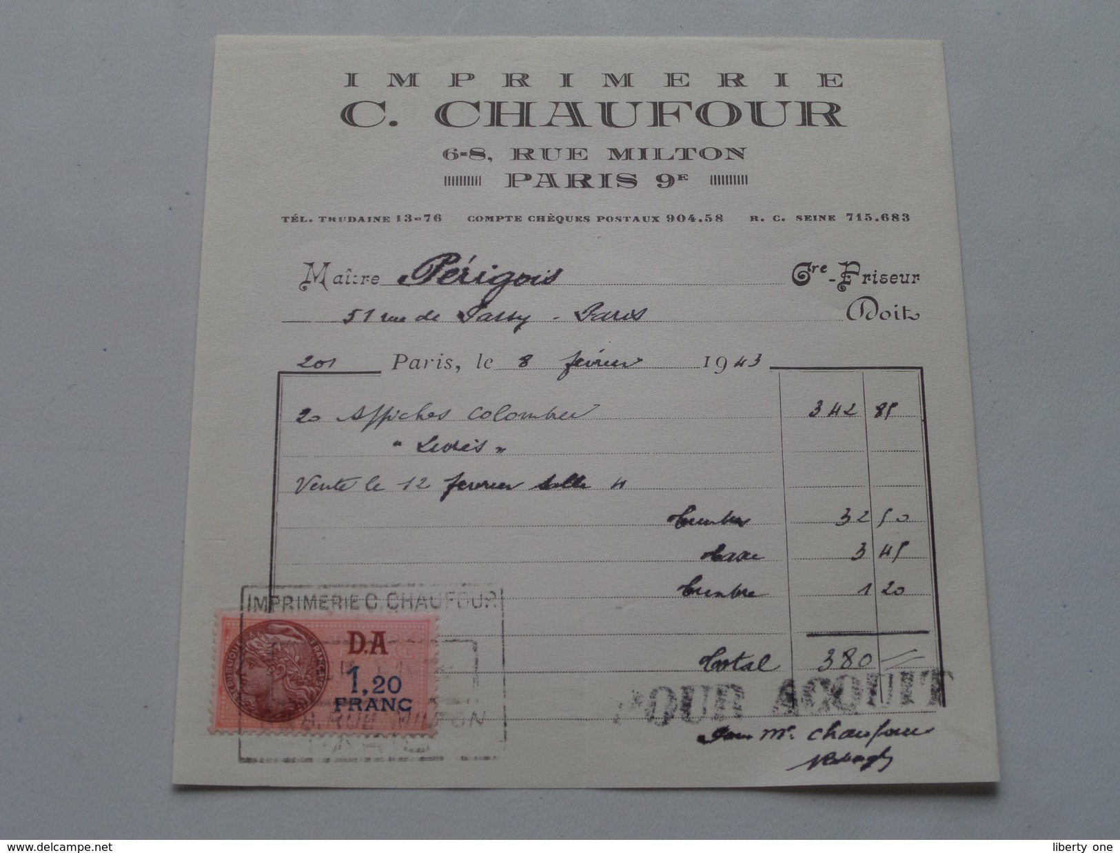 Imprimerie C. CHAUFOUR Paris Rue Milton - Anno 1943 ( Zie Foto Details ) !! - Druck & Papierwaren