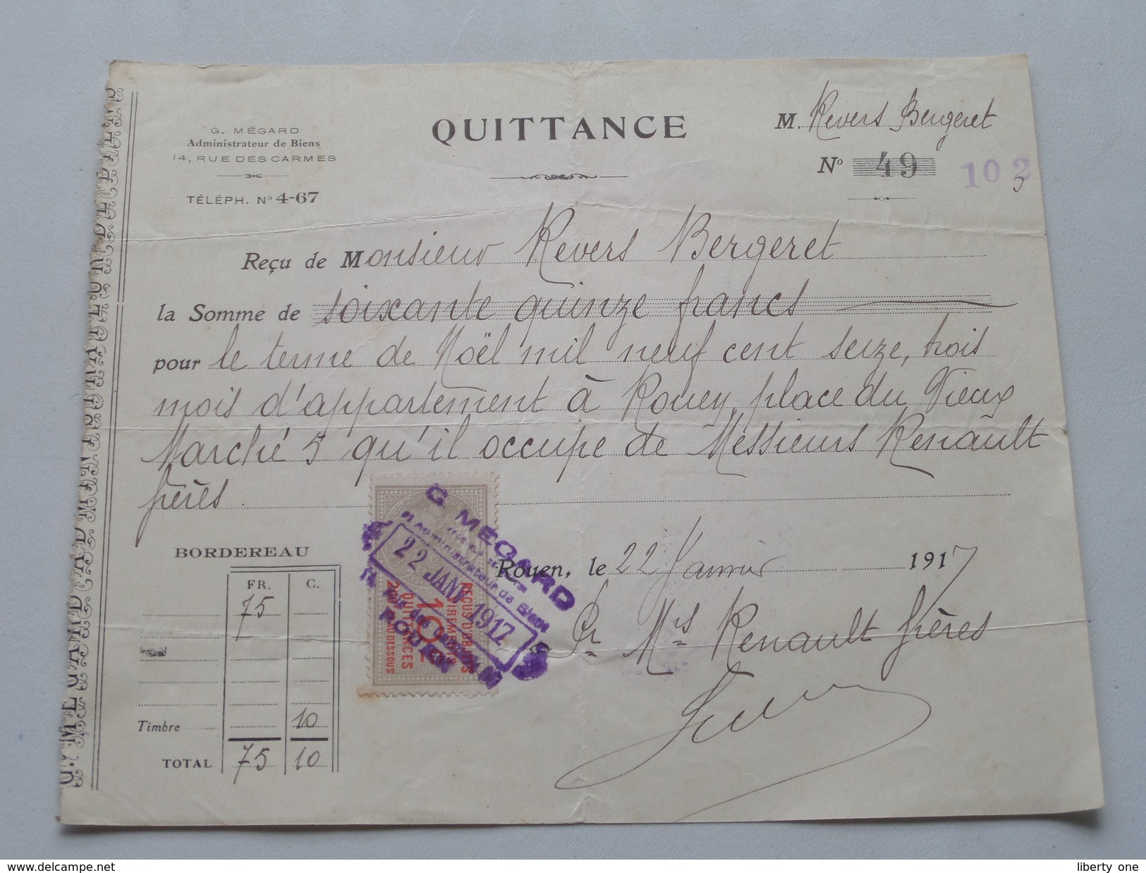 Quittance G. Mégard Administrateur De Biens ROUEN - Anno 1917 ( Zie Foto Details ) !! - 1900 – 1949