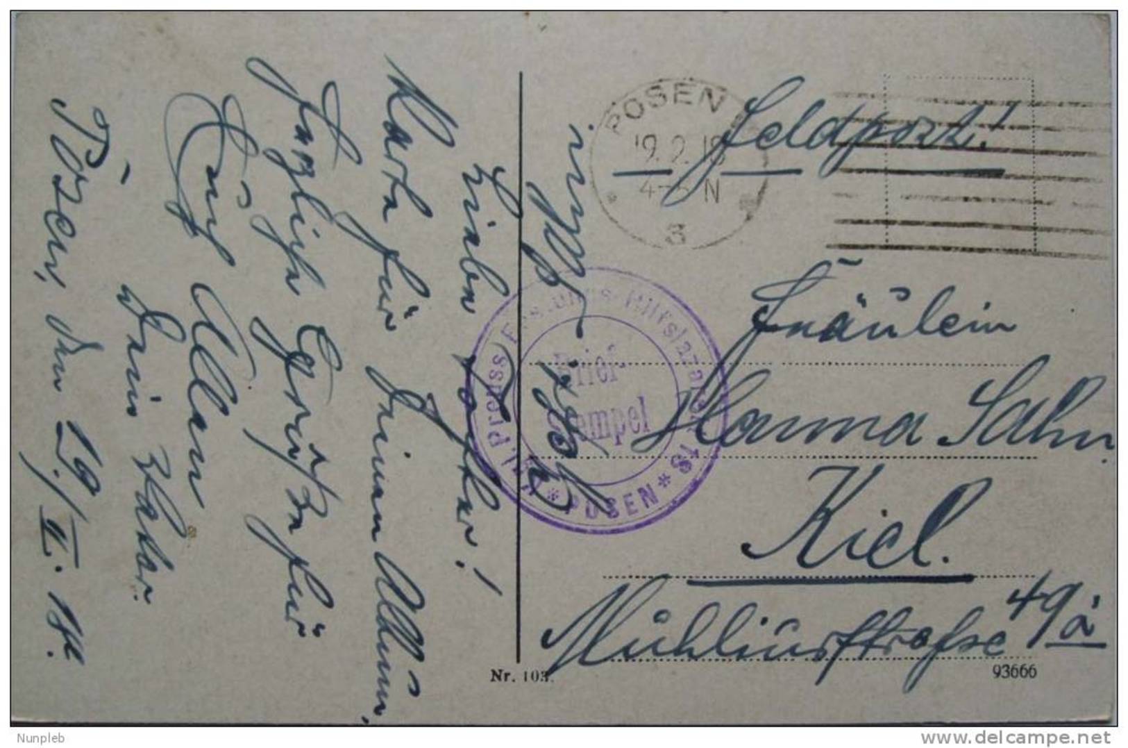 1918 GERMANY FELDPOST POSTCARD POSEN TO KIEL WITH BRIEF STEMPEL STAMP - Storia Postale