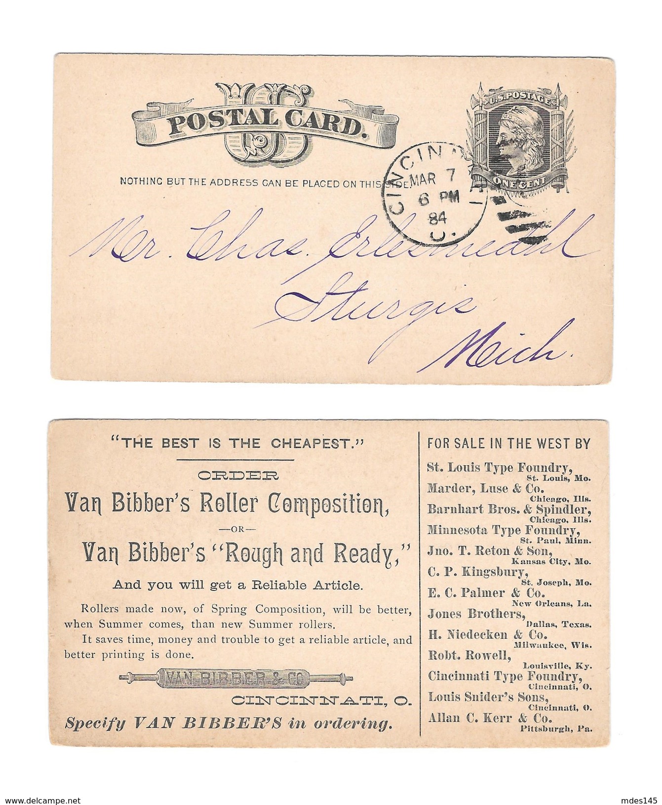 UX7 Postal Card 1884 Cincinnati OH Duplex Van Bibber Roller Composition Advertisement - Postal History