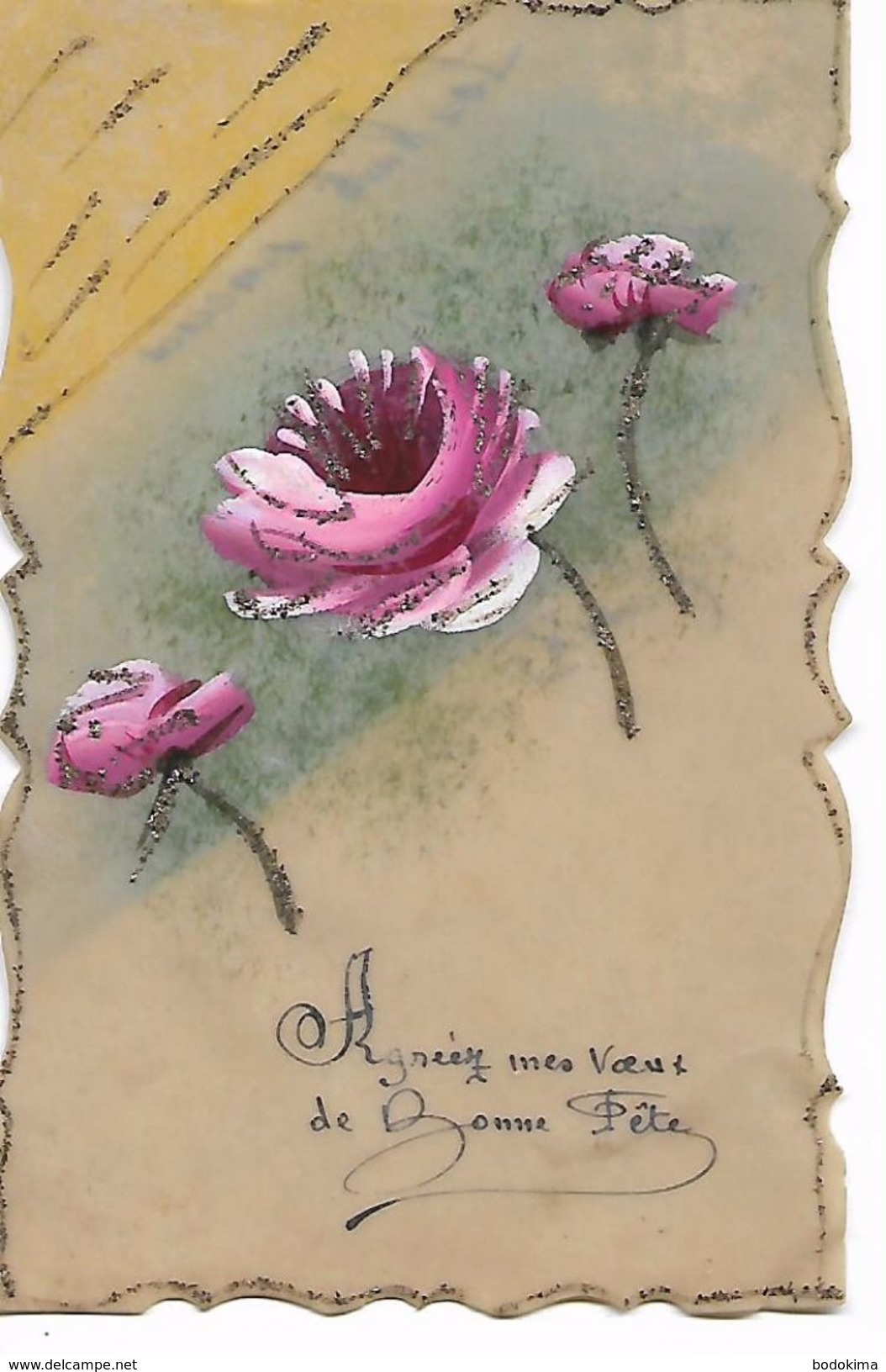 Carte  Celluloid  - Roses  " Agréez  Mes  Voeux  De Bonne  Fete " - Other & Unclassified