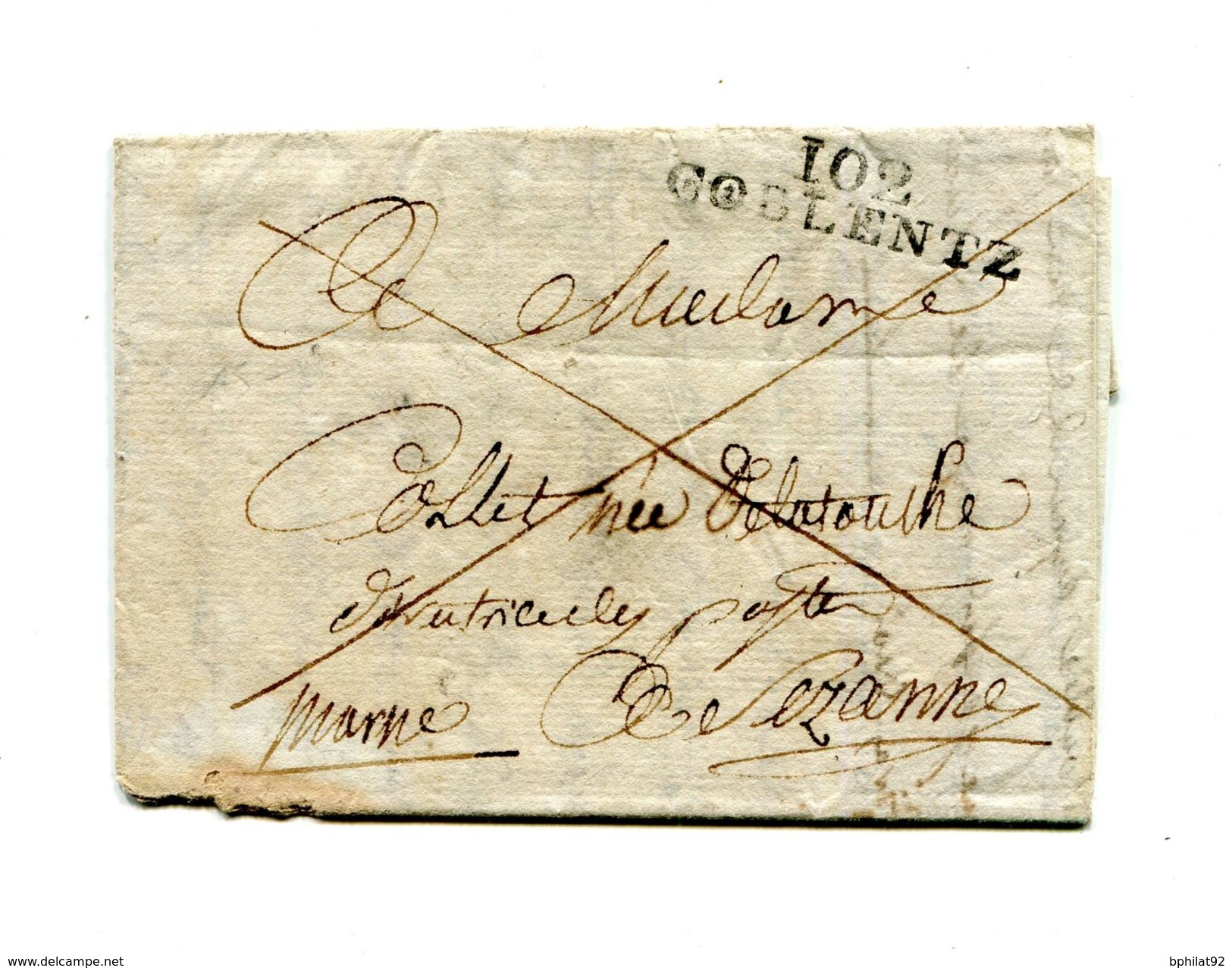 !!! PRIX FIXE : DEPT CONQUIS, 102 RHIN ET MOSELLE, MARQUE POSTALE DE COBLENTZ SUR LETTRE AVEC TEXTE NON DATE - 1792-1815: Départements Conquis