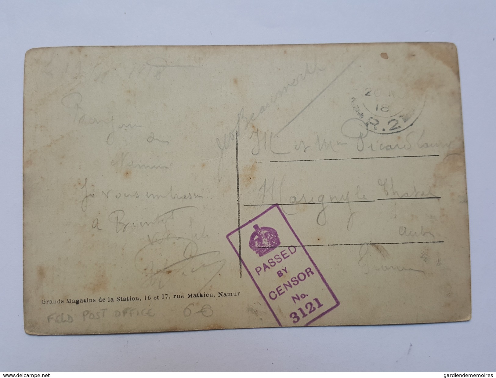 20.11.1918 Namur Pour Marigny Le Chatel CAD Feld Post Office R.2 + Cachet De Censure Passed By Censor N°3121 - Briefe U. Dokumente