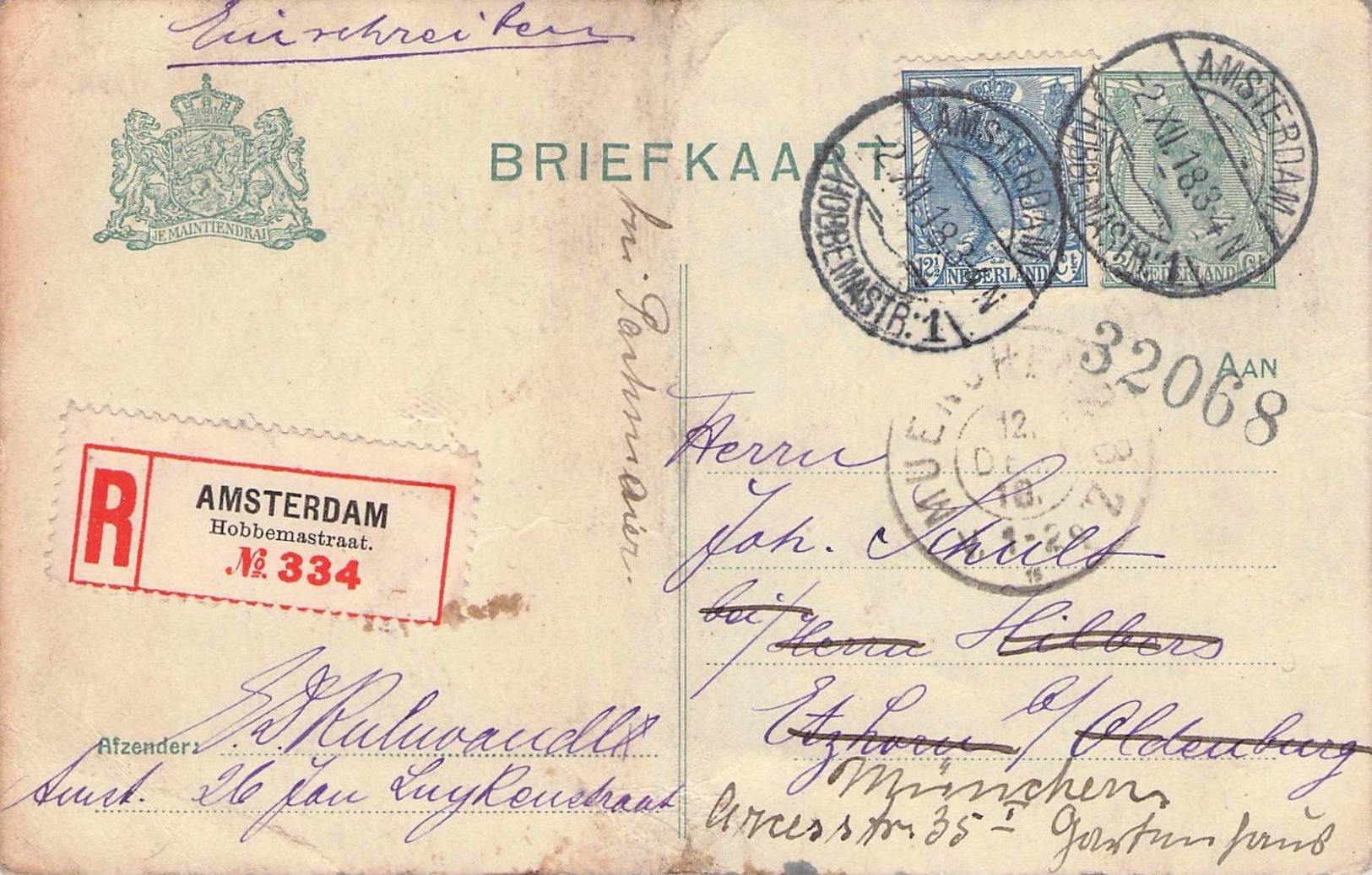 NETHERLANDS - RECO POSTCARD 1918 AMSTERDAM -> OLDENBURG -> MÜNCHEN - Briefe U. Dokumente