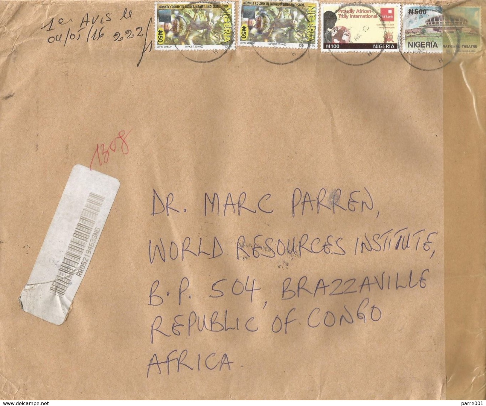 Nigeria 2016 Calabar Ape Monkey Bank National Theater N500 Michel D546 (rare) Barcoded Registered Cover - Nigeria (1961-...)