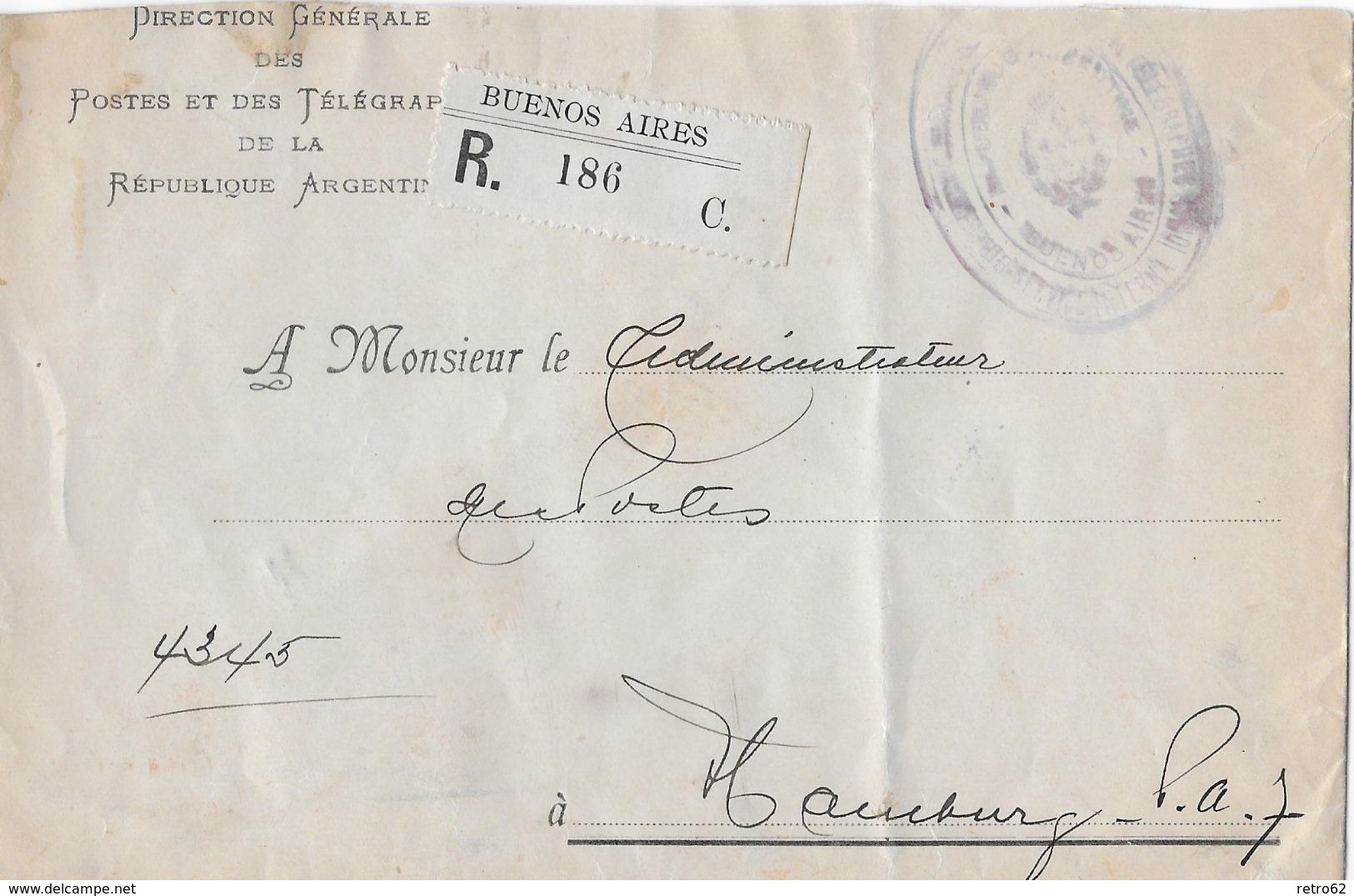 ARGENTINA 1910 - R-Letter Direction Générale Des Postes Et Des Télégraphes To Hamburg - Entiers Postaux