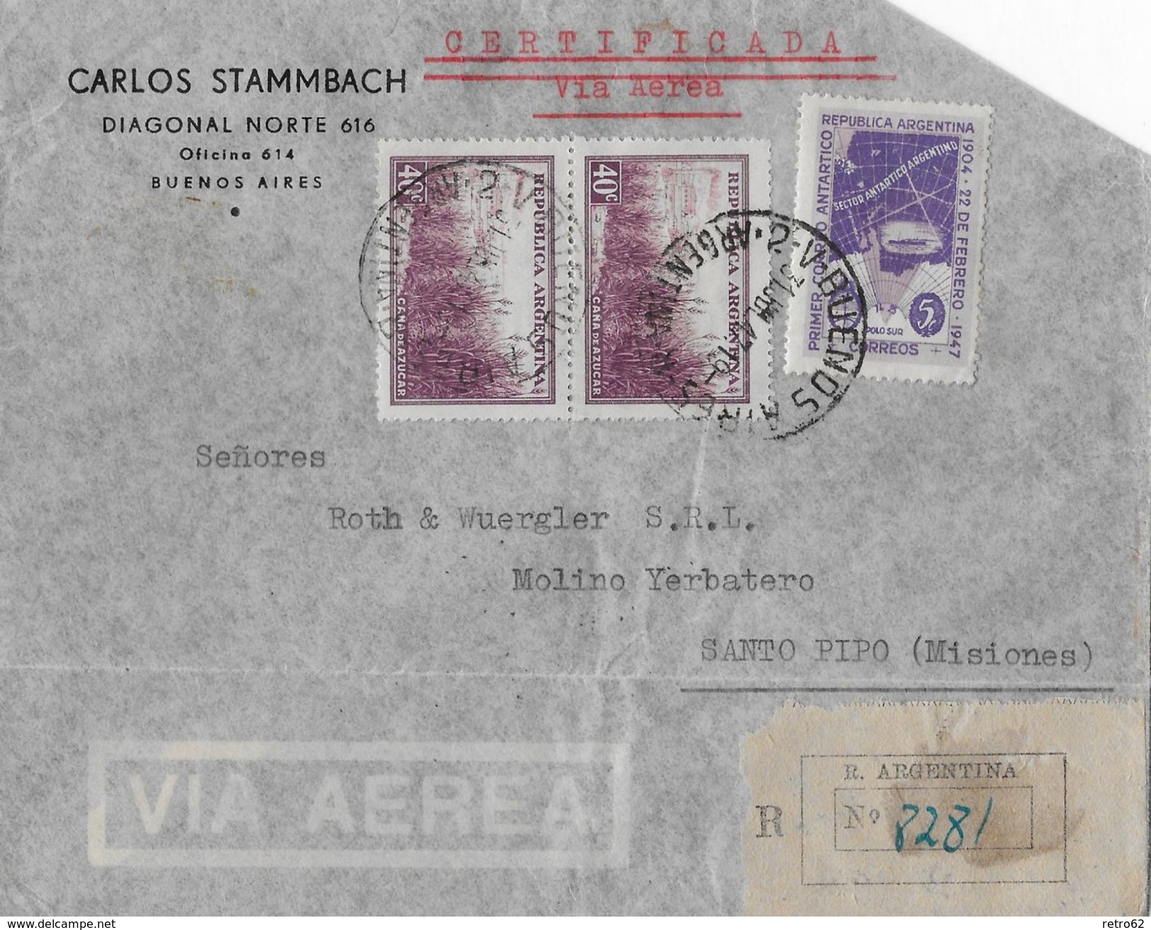 ARGENTINA 1947 - R-Letter Carlos Stammbach Buenos Aires To Santo Pipo - Lettres & Documents