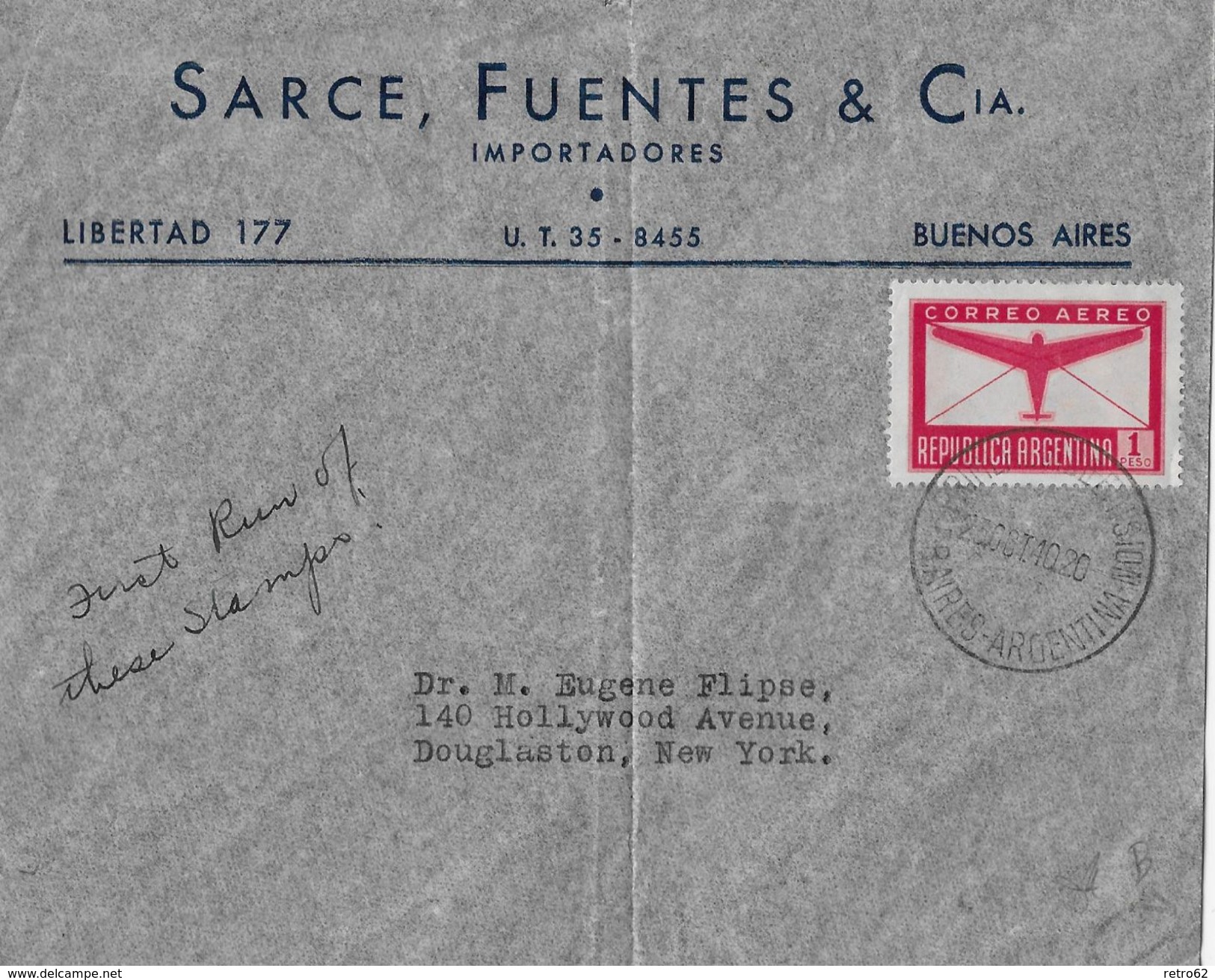 ARGENTINA CORREO AEREO 1940 - Letter Sarce Fuentes & Cia. Buenos Aires - Poste Aérienne