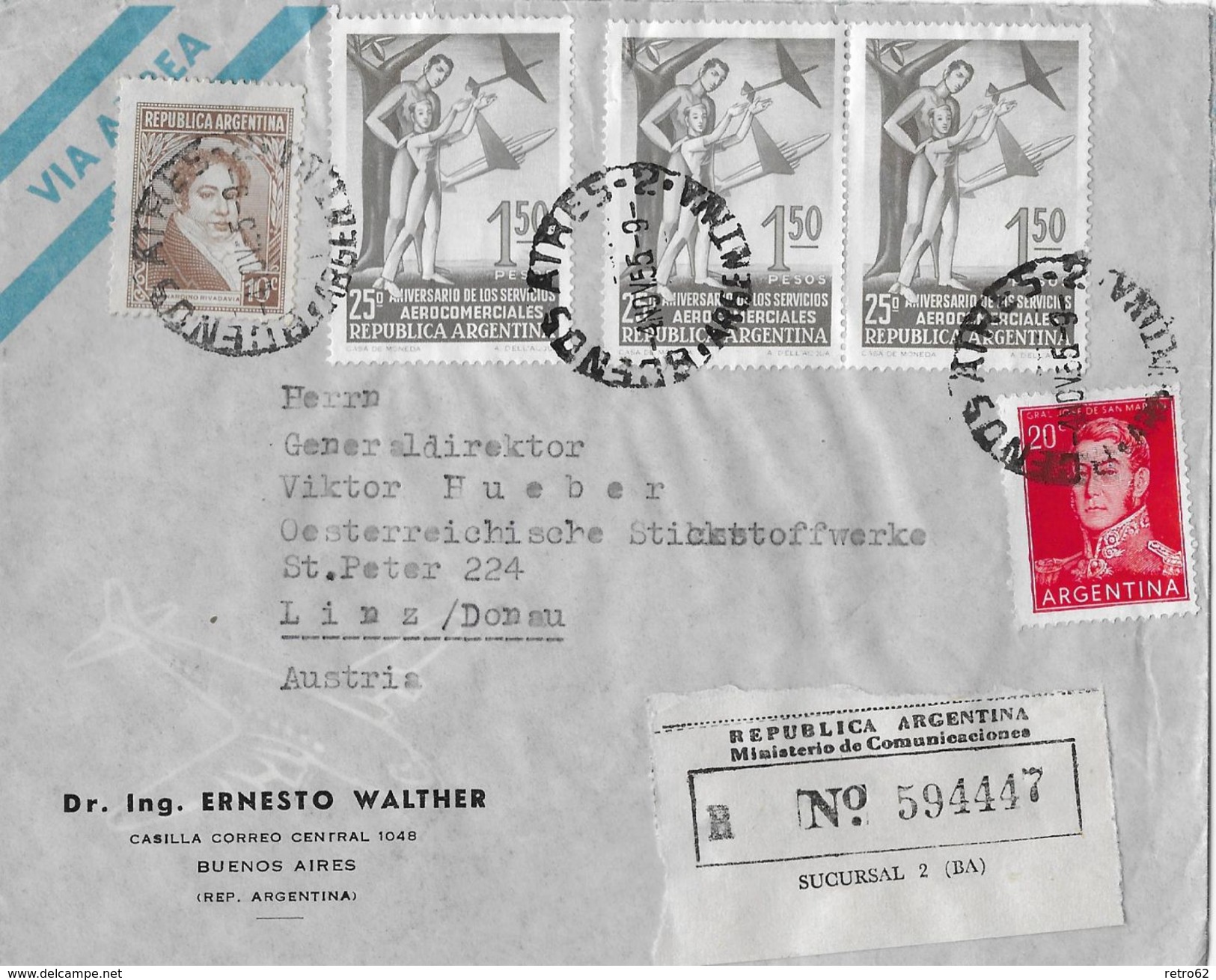 ARGENTINA 1955 - R-Letter Ernesto Walter Buenos Aires To Linz/Austria - Lettres & Documents