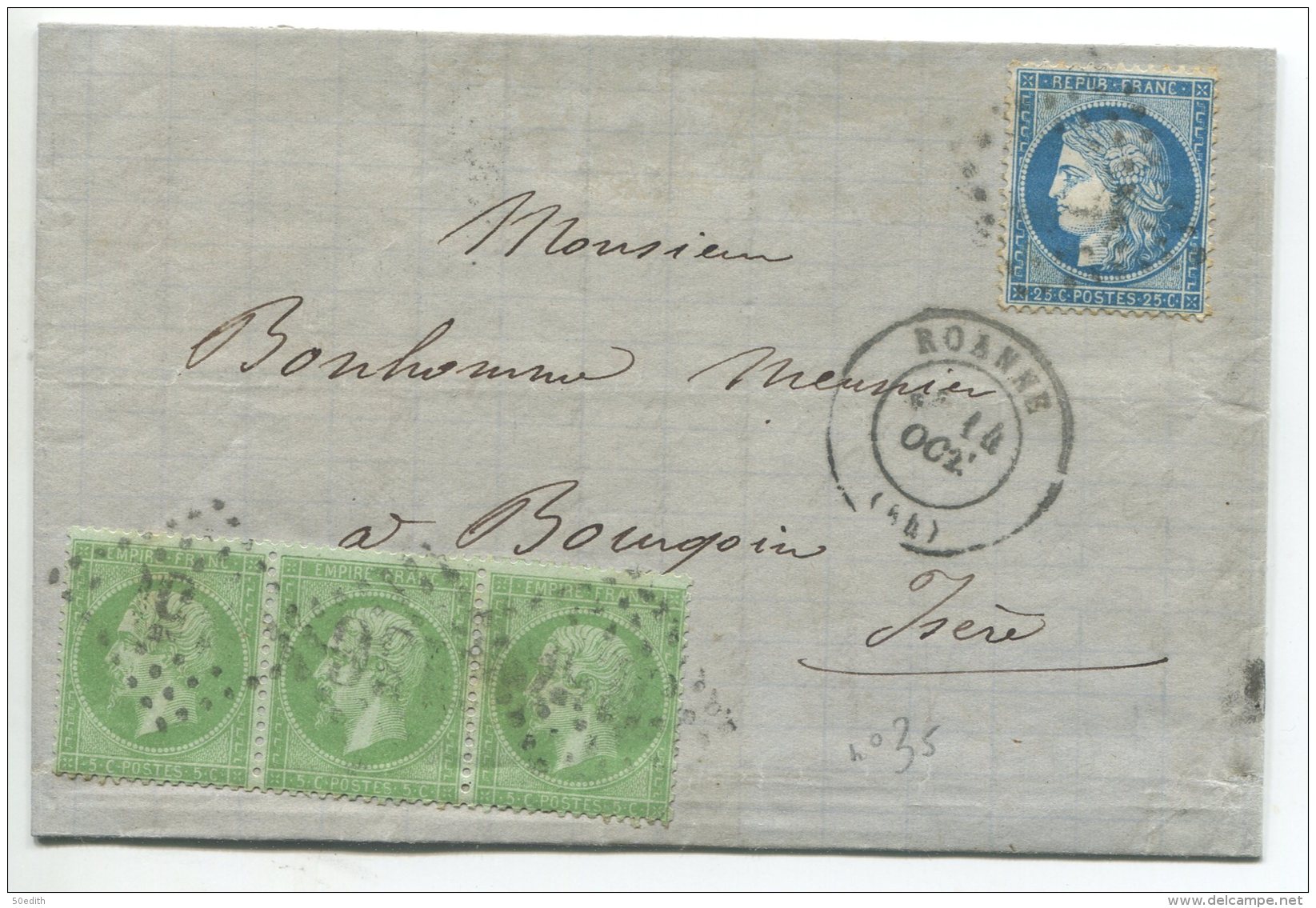 N°35 Bande De 3 + N°60 + GC 3156  / Lettre De  Roanne (loire)  Pour  Bourgoin (isère) - 1870 Asedio De Paris