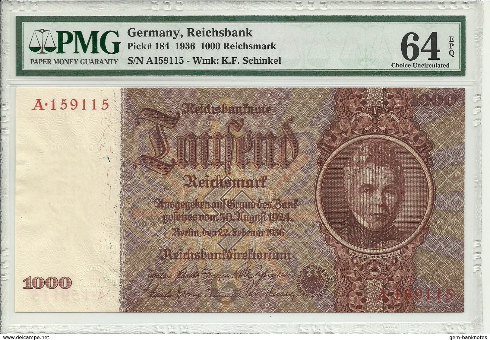 Germany, Reichsbank, 1000 Reichsmark 1936 P184 Graded 64 EPQ By PMG (Choice Uncirculated) - 1.000 Reichsmark