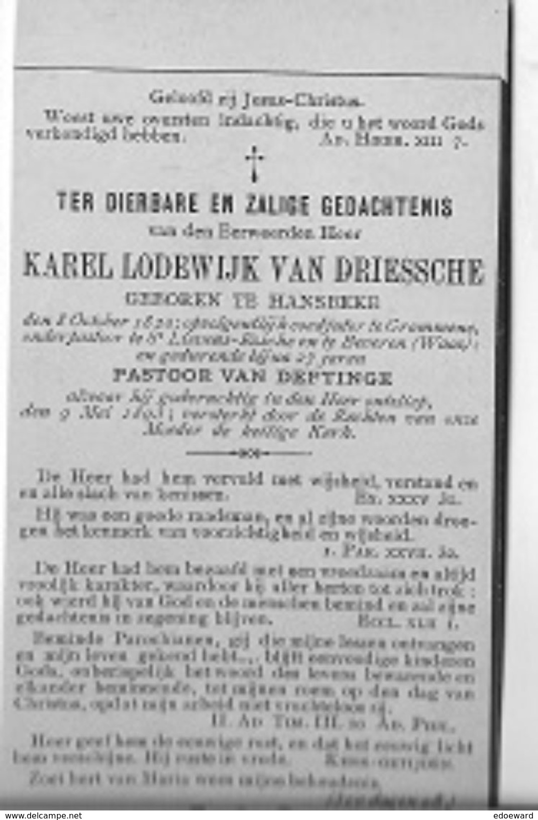 DEV. 6A     ° HANSBEKE 1820 + DEFTINGE 1893 E.H.KAREL VAN DRIESSCHE PASTOR TE GRAMMENE/ST.LIEVENS ESSE EN DEFTINGE - Religion & Esotericism