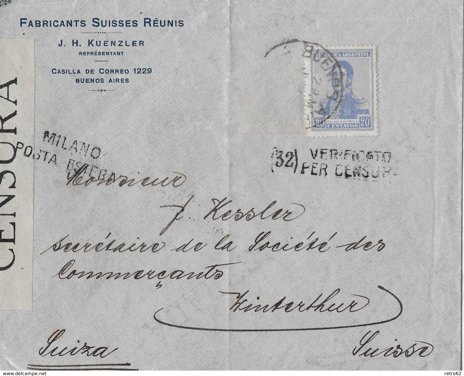 ARGENTINA 1918 - Letter(32) Verificato Per Censura MILANO To Winterthur/SUIZA - Lettres & Documents