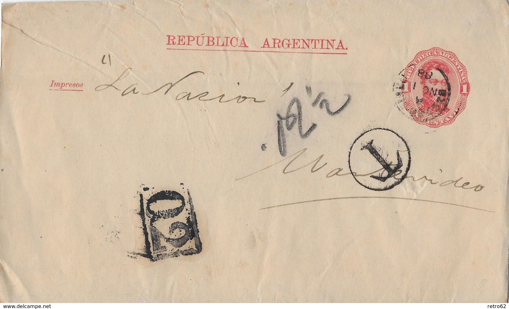 REPUBLICA ARGENTINA 1888 - Letter From Montevideo,  Taxe Postage - Interi Postali