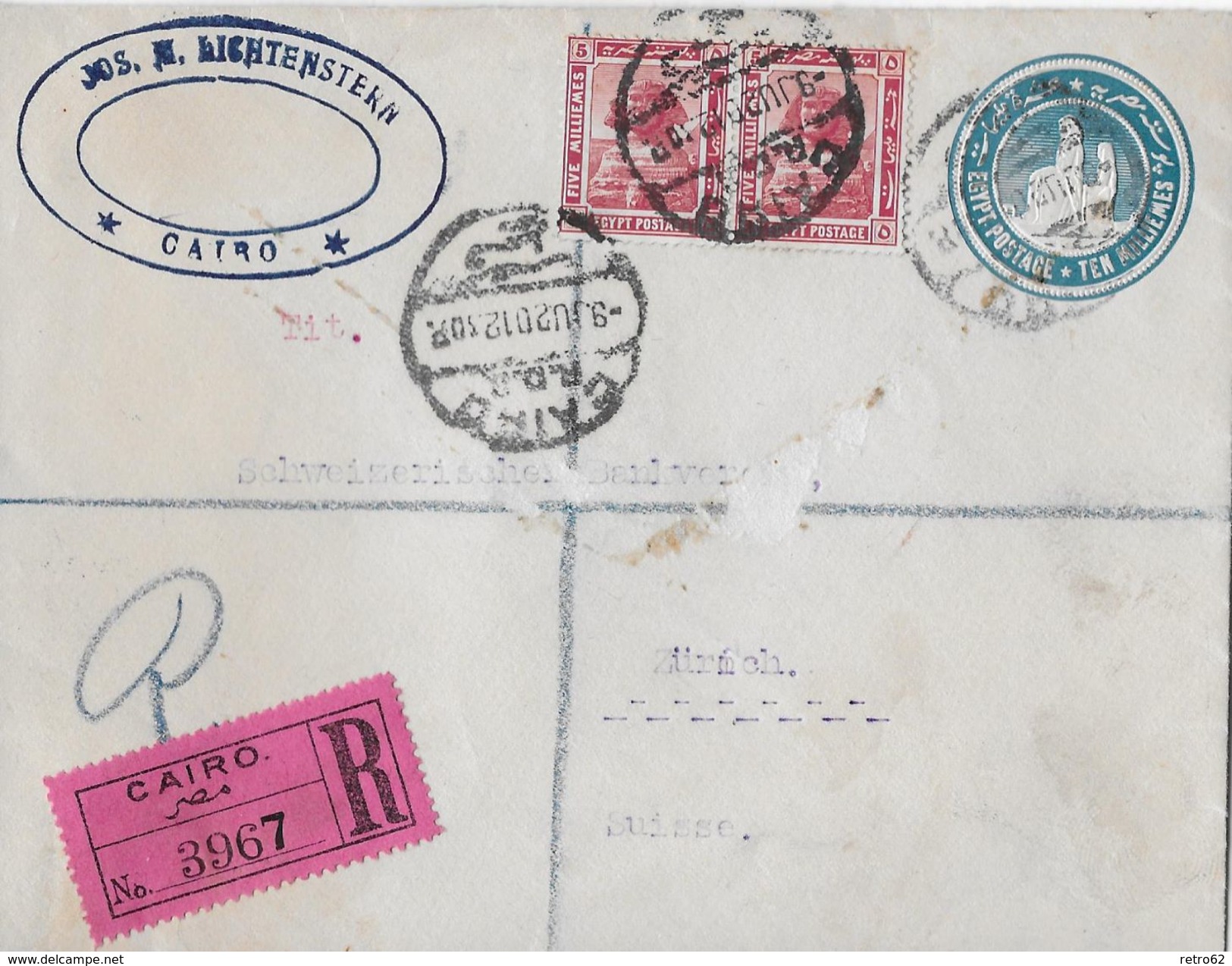 ÄGYPTEN / EGYPT POSTAGE 1920 - R-Letter With Additional Franking From Cairo To Suisse - 1915-1921 Britischer Schutzstaat