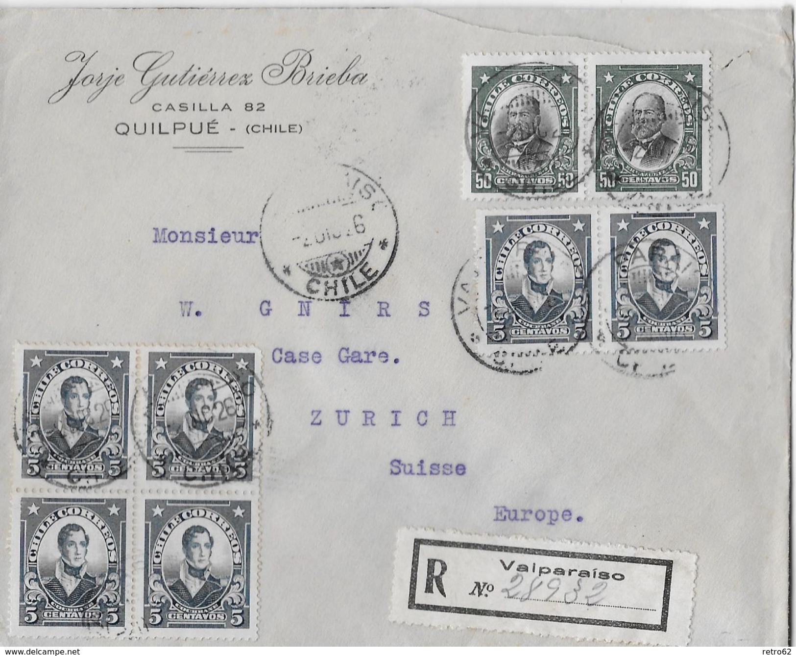 CHILE 1926 - R-Letter From Valparaiso To Zurich/Suisse - Cile