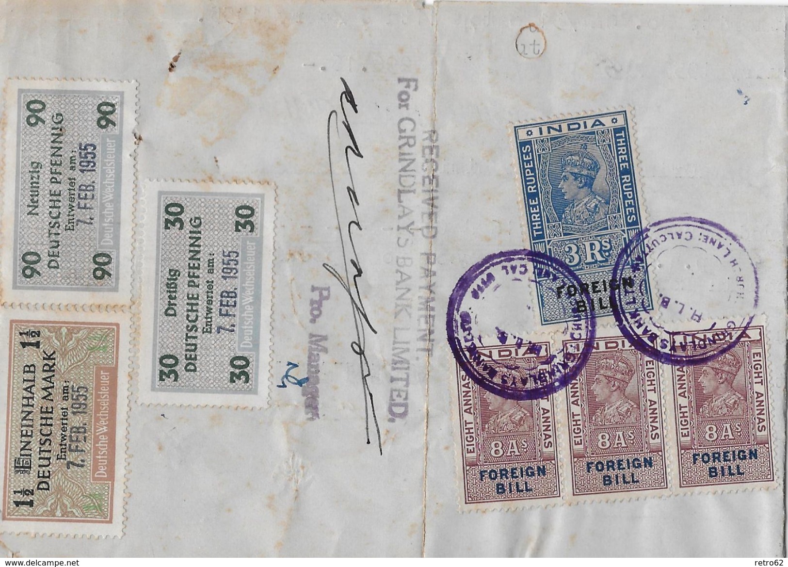 INDIA 1955 - Bill Of Exchange (Grindlays Bank Calcutta) Mit Deutsche Wechselsteuermarken, Extremly Rare - Lettres & Documents