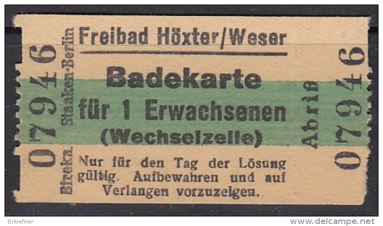 Höxter Weser, Freibad, Eintrittskarte, Badekarte Erwachsener Mit Umkleidekabine 1939 - Eintrittskarten