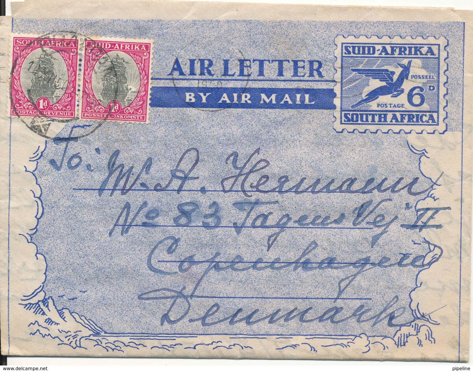 South Africa Aerogramme Airletter Sent To Denmark 10-12-1950 - Poste Aérienne