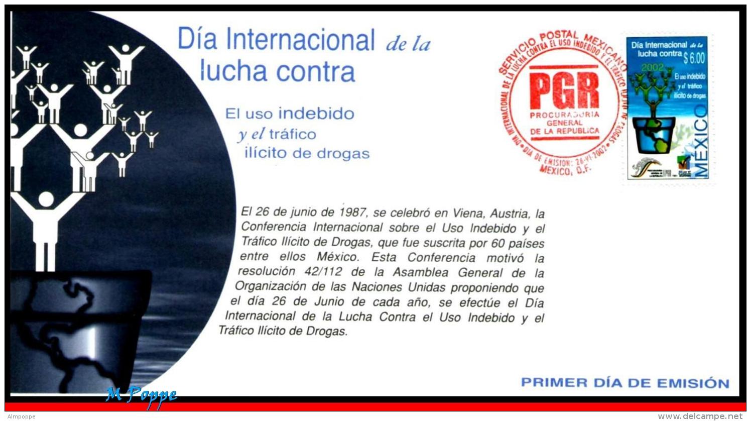 Ref. MX-2285FD MEXICO 2002 HEALTH, DAY AGAINST ILLEGAL, DRUGS, ANTI DRUGS, MI# 2993, FDC 1V Sc# 2285 - Drogen