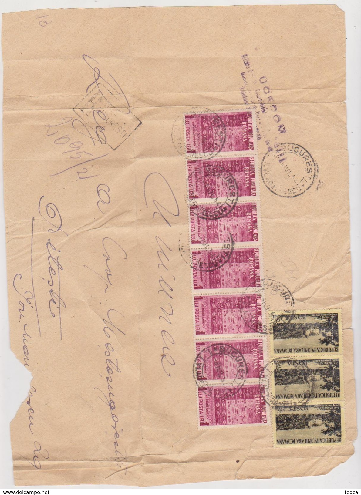 Cover Roumanie, Fragment 1954 , With Postmark Bucuresti   Strip X5 And Strip X3 - Lettres & Documents