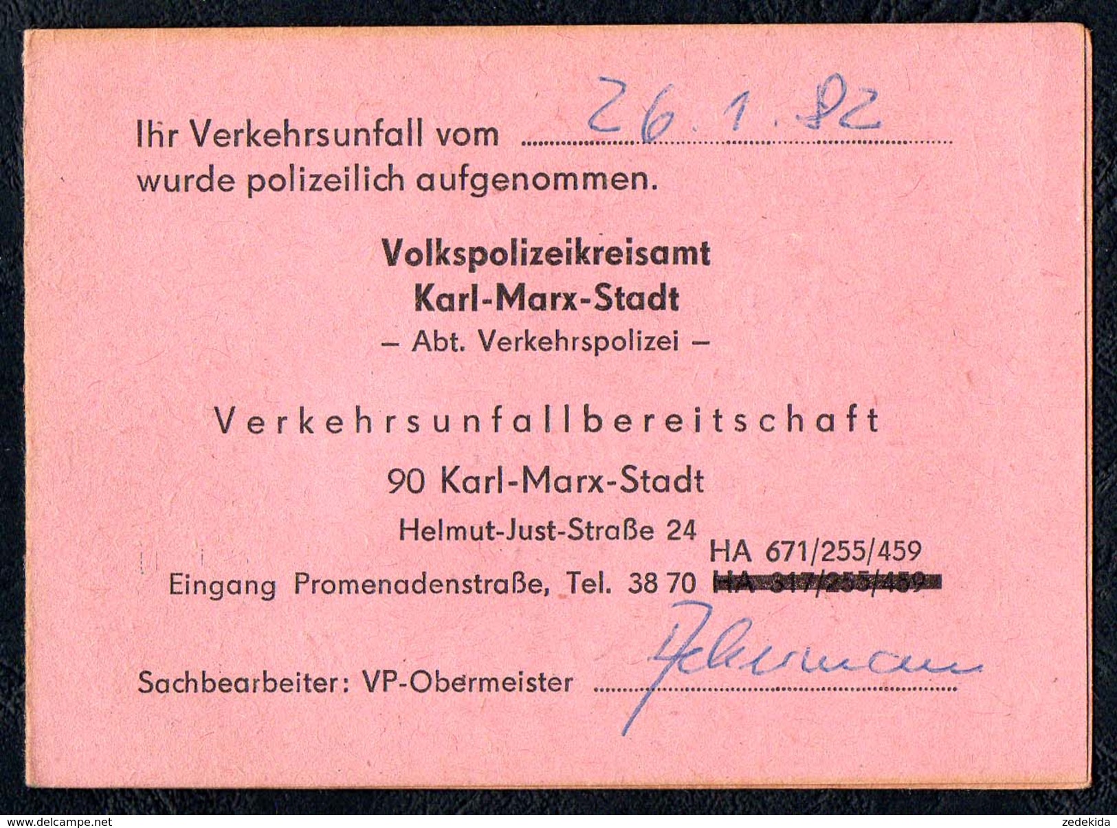 A7095 - Alte Mitteilungskarte - Verkehrsunfall - Volkspolizeikreisamt Karl Marx Stadt Chemnitz - Kennzeichen XP 63 - 61 - Sonstige & Ohne Zuordnung