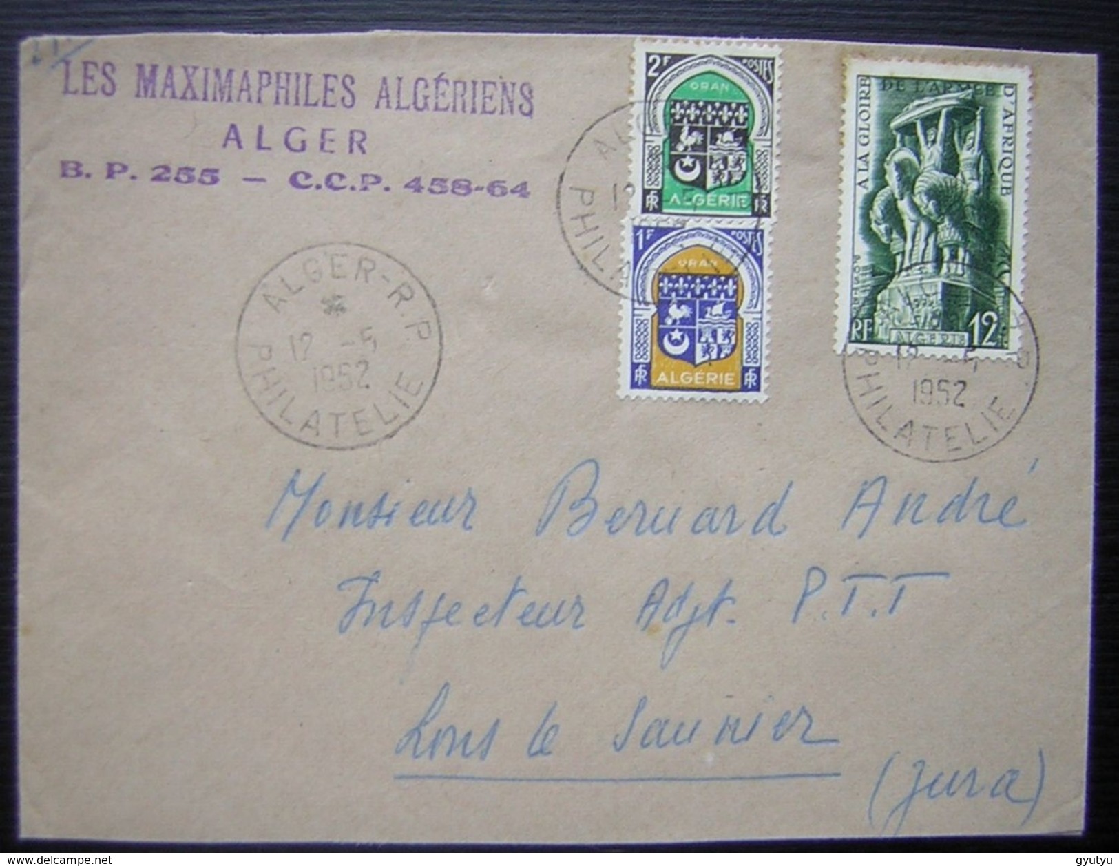 Algérie 1952 Alger Philatélie Les Maximaphiles Algériens Bel Affranchissement Sur Une Lettre Pour Lons Le Saunier - Covers & Documents