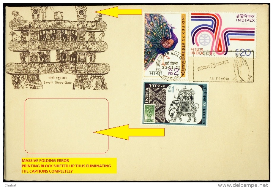 BIRDS-PEACOCK-INDIPEX 73-FDC-MASSIVE ERROR-INDIA-1973-IC-32 - Pauwen