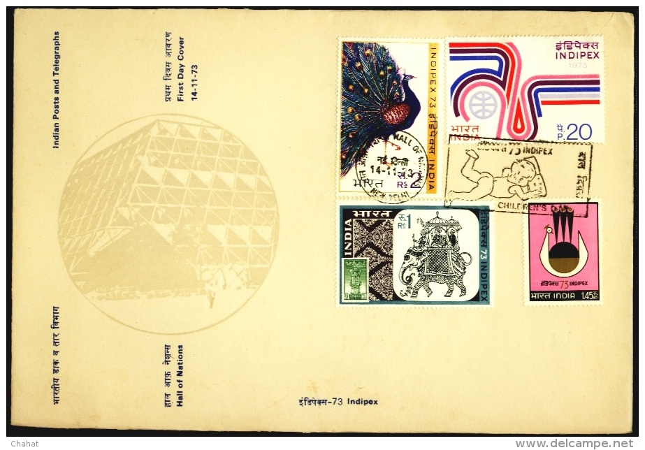 BIRDS-PEACOCK-INDIPEX 73-FDC-COLOR VARIETY-INDIA-1973-IC-32 - Paons