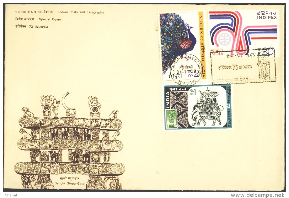 BIRDS-PEACOCK-INDIPEX 73-FDC-POST OFFICE DAY CANCEL-INDIA-1973-IC-32 - Pauwen