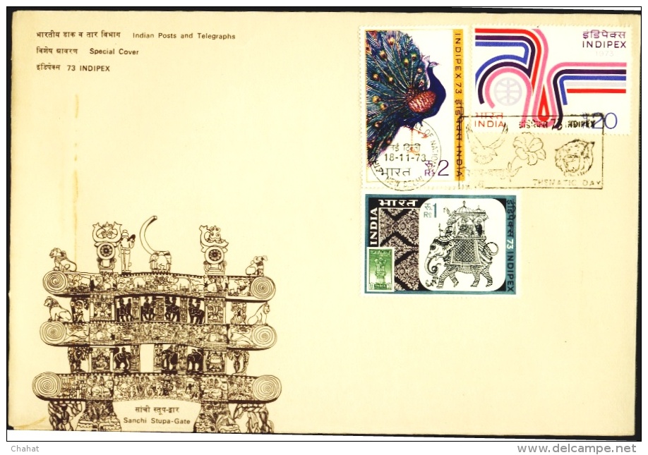 BIRDS-PEACOCK-INDIPEX 73-FDC-THEMATIC DAY CANCEL-INDIA-1973-IC-32 - Paons