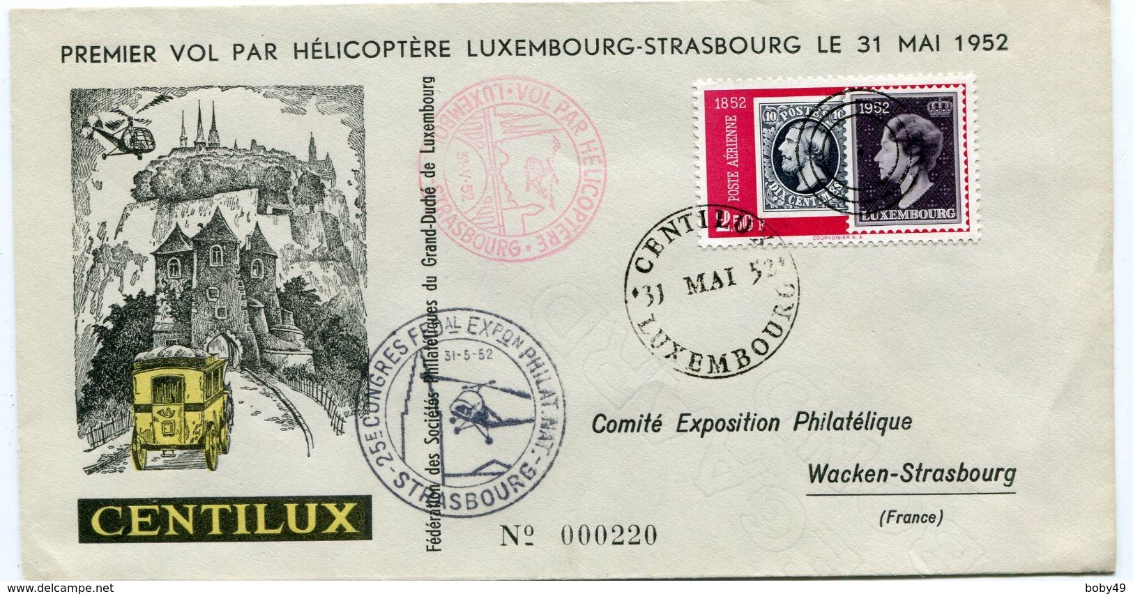 Premier Transport Postal International Par Helicoptere  LUXEMBOURG STRASBOUR  Du 31/05/1952 - Briefe U. Dokumente