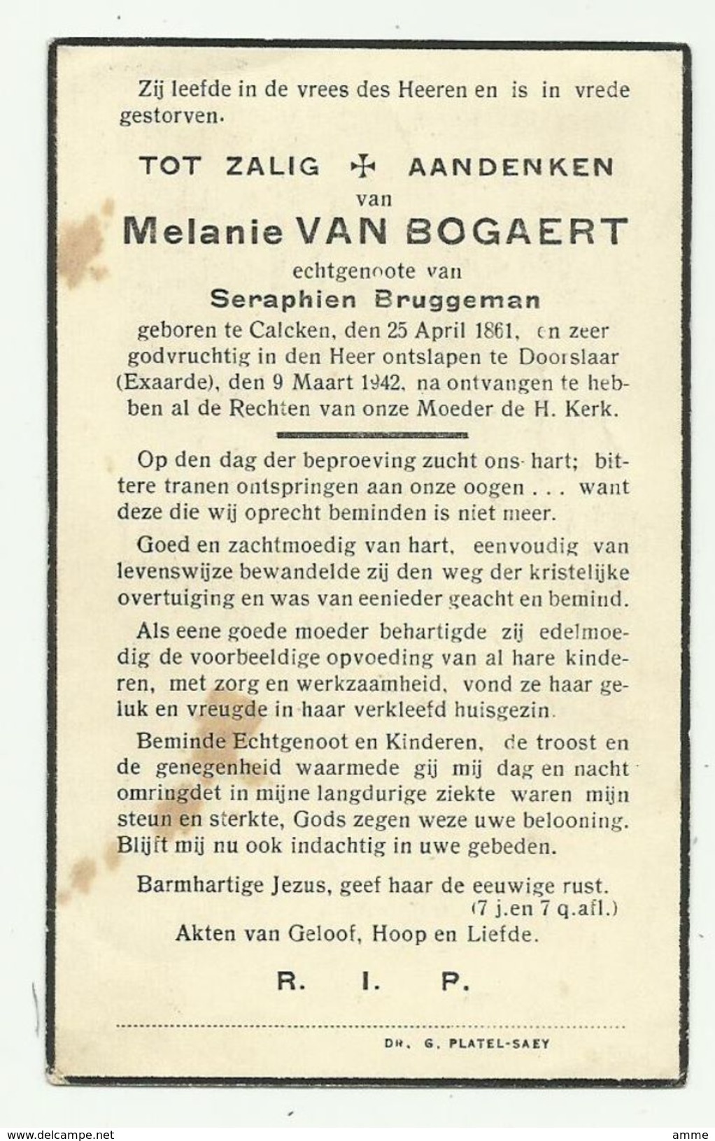 Doodsprentje  * Van Bogaert Melanie  (° Calcken 1861  / + Doorslaar (Exaarde) 1942 ) X  Bruggeman Seraphien - Religion & Esotérisme