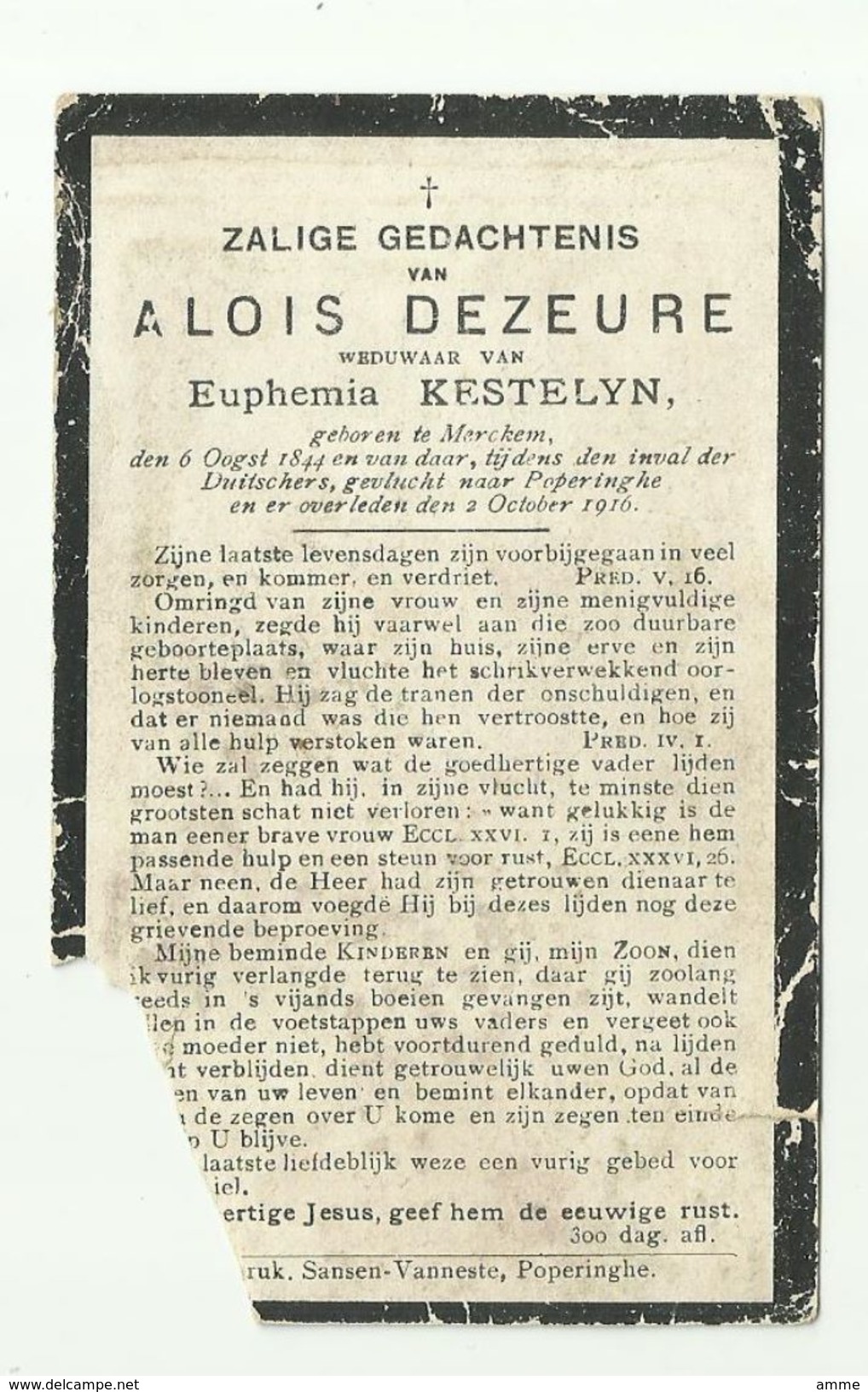 Doodsprentje  * Dezeure Alois  (° Merkem 1844  / + Oorlogsslachtoffer Poperinge 1916 ) X  Kestelyn Euphemia - Godsdienst & Esoterisme