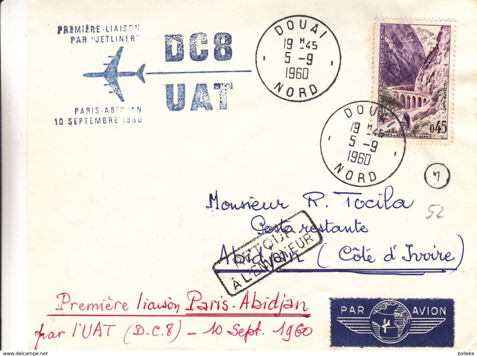 France - Lettre De 1960 - Oblit Douai - 1er Vol Paris Abidjan Par Jetliner DC8  -  Cahet D'Abidjan - Covers & Documents