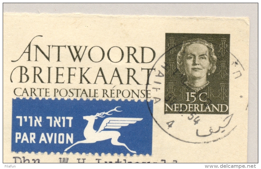 Nederland - 1954 - 15 (+15) Cent Juliana En Face Briefkaart G312A - Reply-card Aangetekend Vanuit Haifa / Israel - Postal Stationery