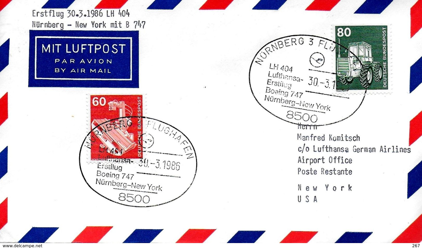 ALLEMAGNE  Lettre Poste Aerienne  1986 1er Vol  Nurnberg - New York Avions B 747 - Flugzeuge