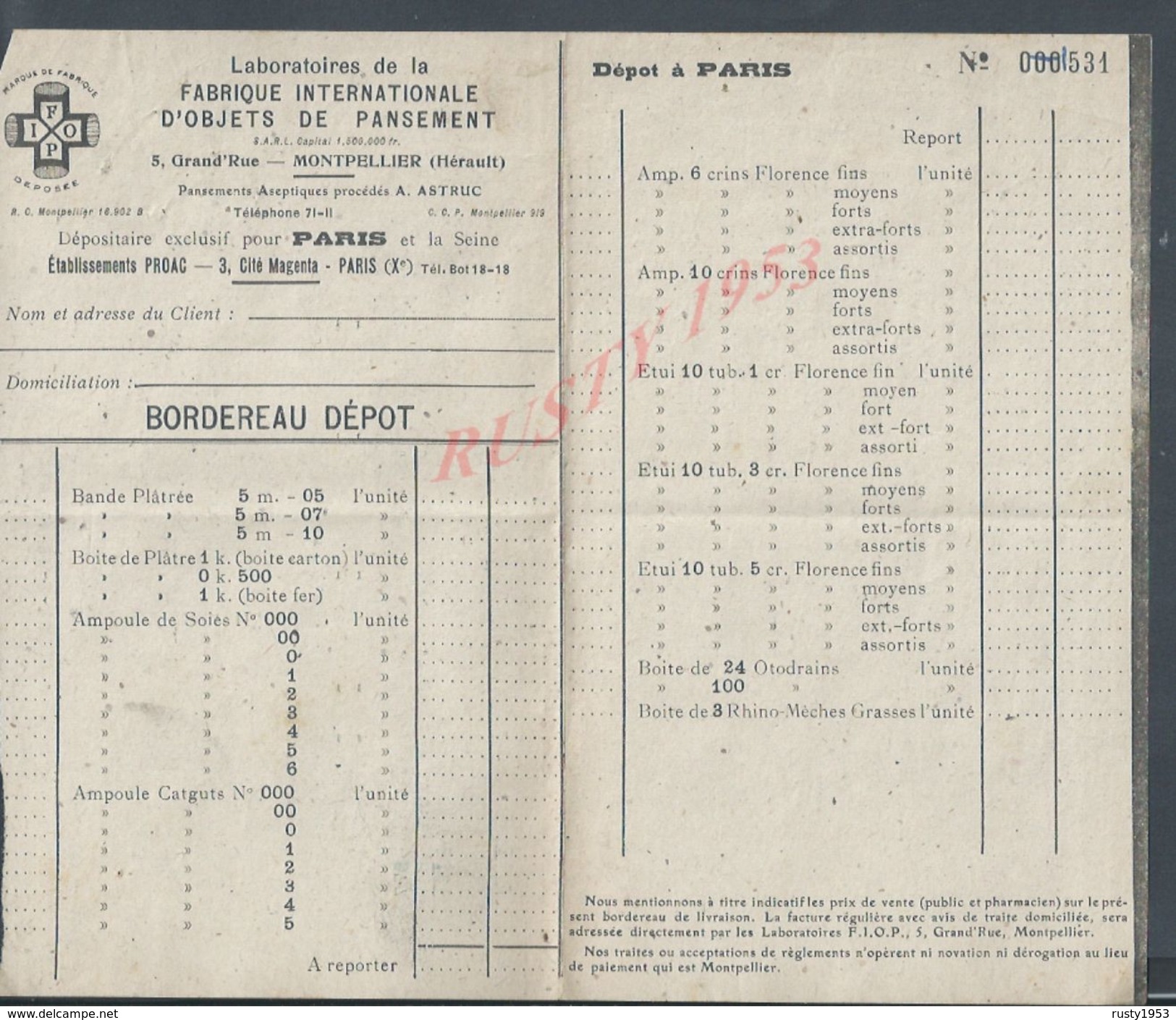 LABORATOIRES DE LA FABRIQUE OBJETS DE PANSEMENT À MOTPELLIER DEPOT À PARIS CITÉ MAGENTA BOULEVARD BOURDON : - Autres & Non Classés