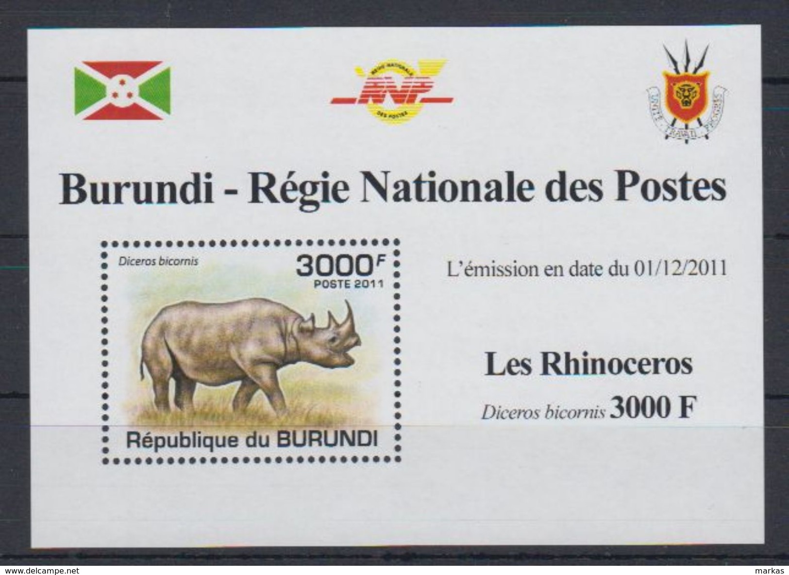 F53. Burundi - MNH - Animals - Rhinoceros - 2011 - Deluxe - Rhinozerosse