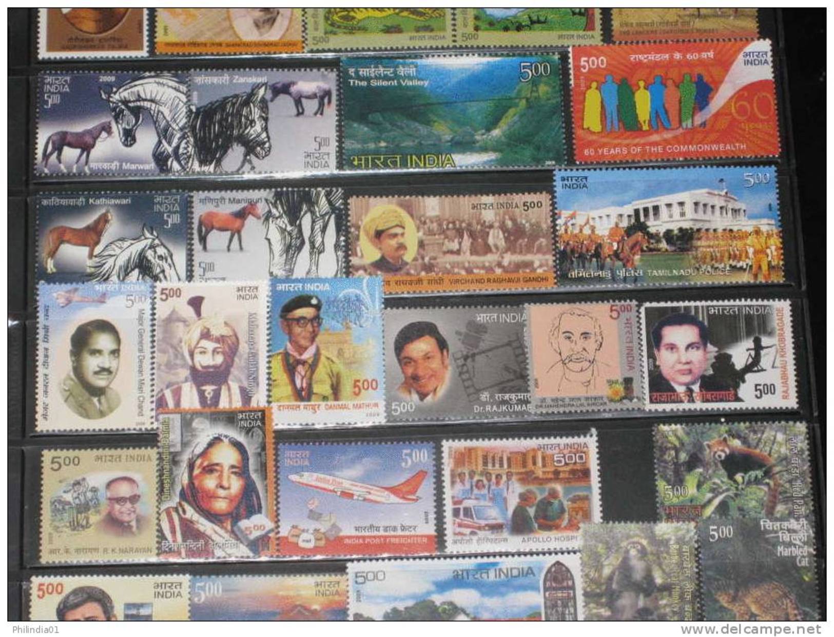 India 2009 Year Pack of 107 Stamps Gandhi Horses Polar Antactica Animal Cinema Scout Police Spices Whale MNH Inde Indien