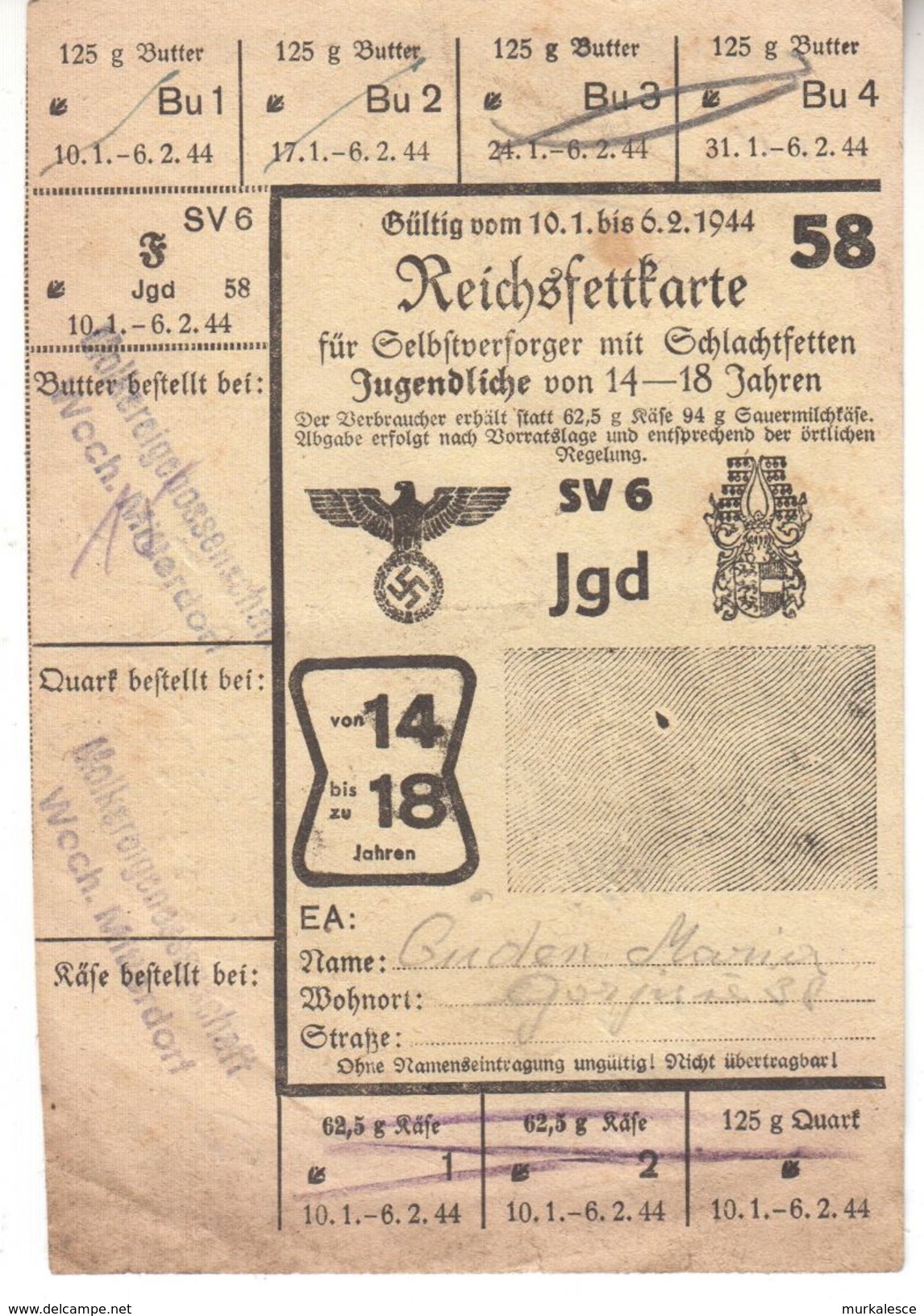 REICHSFFETKARTE  0246  SLOVENIJA  SREDNJA VAS    -WOCHEIN  MITERDORF - Documentos