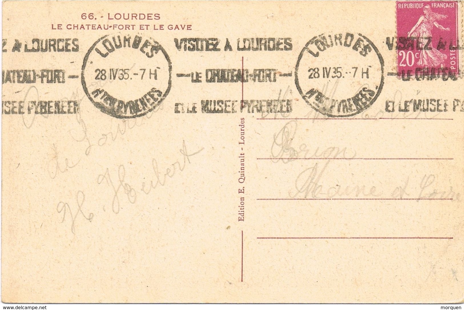 25738. Postal LOURDES (Hautes Pyrenees) 1935. Flamme Touristique. Chateau FORT - Cartas & Documentos