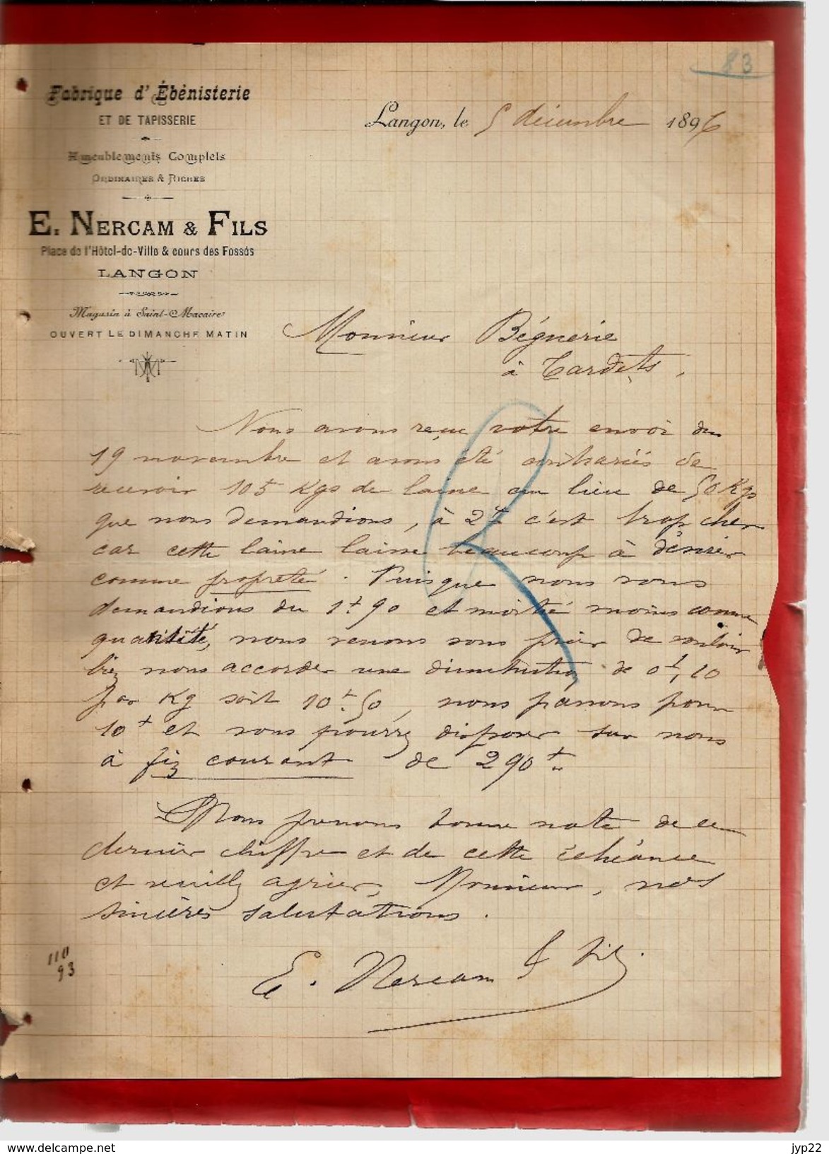 Courrier Ebénisterie Tapisserie Ameublement E. Nercam & Fils Langon 5-12-1896 - Magasin à Saint Macaire - 1800 – 1899