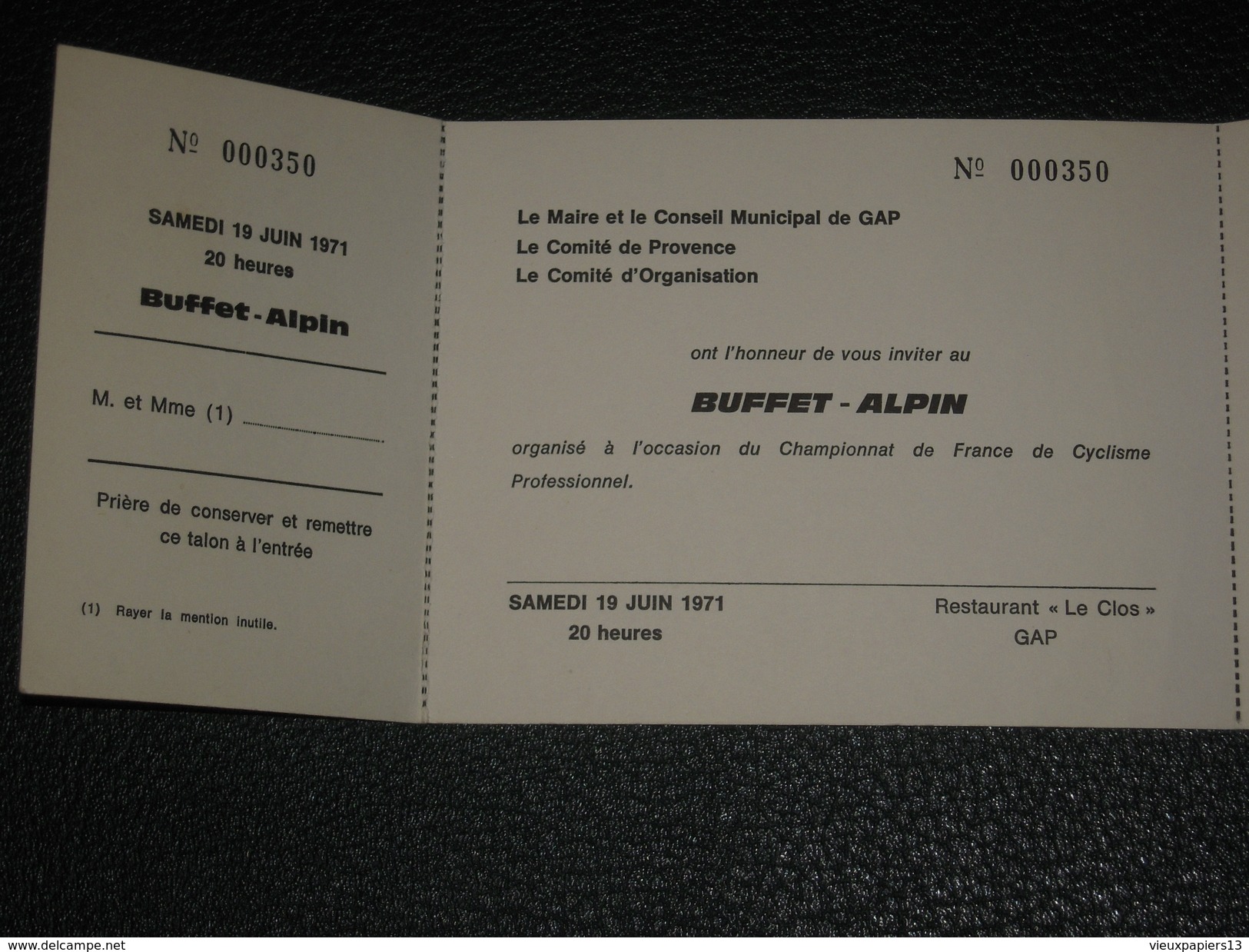 Rare Invitation Buffet Alpin GAP Championnat De France De Cyclisme Professionnel Juin 1971 à Louis Davagnier - Ciclismo