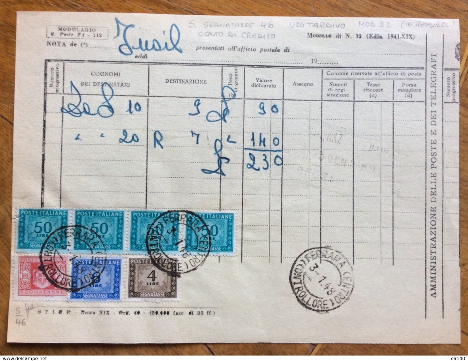 LUOGOTENENZA - REPUBBLICA MISTA SEGNATASSE SU MOD.32 ED. 1941-XIX  FERRARA CENTRO CONTROLLORE IN DATA 3/1/48 - Marcophilie